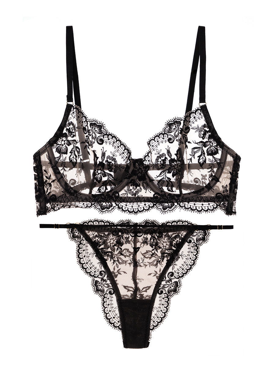 Black Lace Embroidered Lingerie Set With Sheer Details Hello.LA.Girl